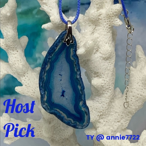 Handcrafted Blue Druzy Geode Agate Slice Necklace on Waxed Cotton Cord - Picture 8 of 13